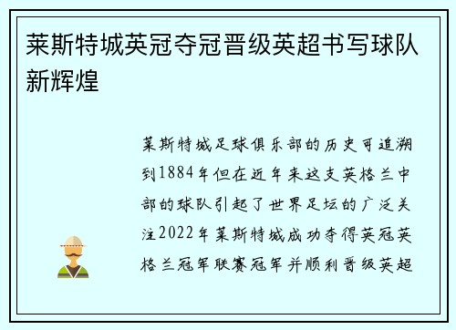 莱斯特城英冠夺冠晋级英超书写球队新辉煌